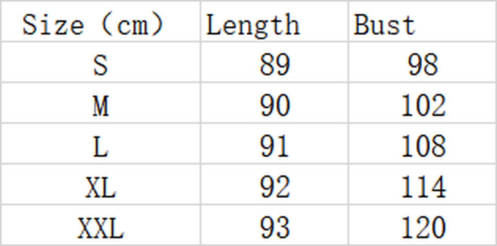 Size chart table showing dress length and bust measurements in centimeters for sizes S to XXL.