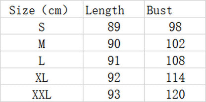 Size chart table showing dress length and bust measurements in centimeters for sizes S to XXL.
