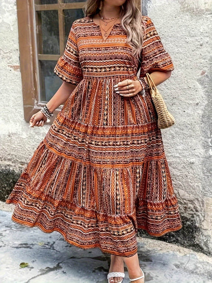 Plus Size All Over Print Tiered Dress, Vacation Notch Neck Short Sleeve Dress, Women's Plus Size Clothing - My Chroma Cart