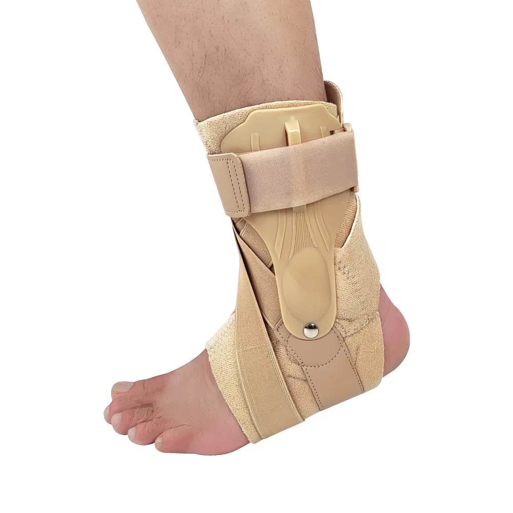 Beige ankle foot orthosis support brace with adjustable straps and rigid side panels for ankle joint fixation.