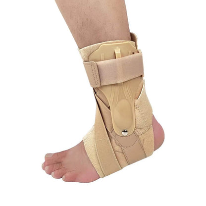 Beige ankle foot orthosis support brace with adjustable straps and rigid side panels for ankle joint fixation.