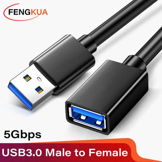 Black USB 3.0 extension cable with male and female connectors and blue inserts.