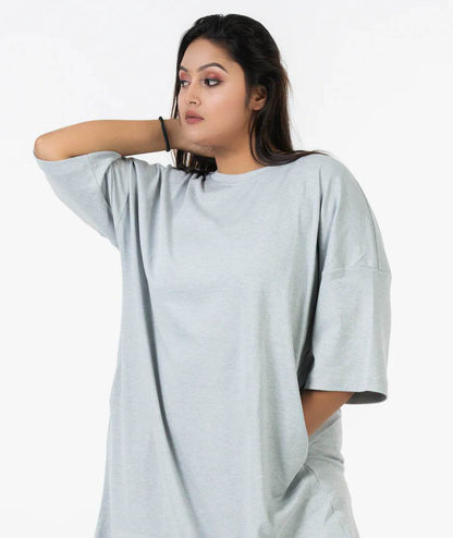 Light gray relaxed fit t-shirt with dropped shoulders and elbow-length sleeves.