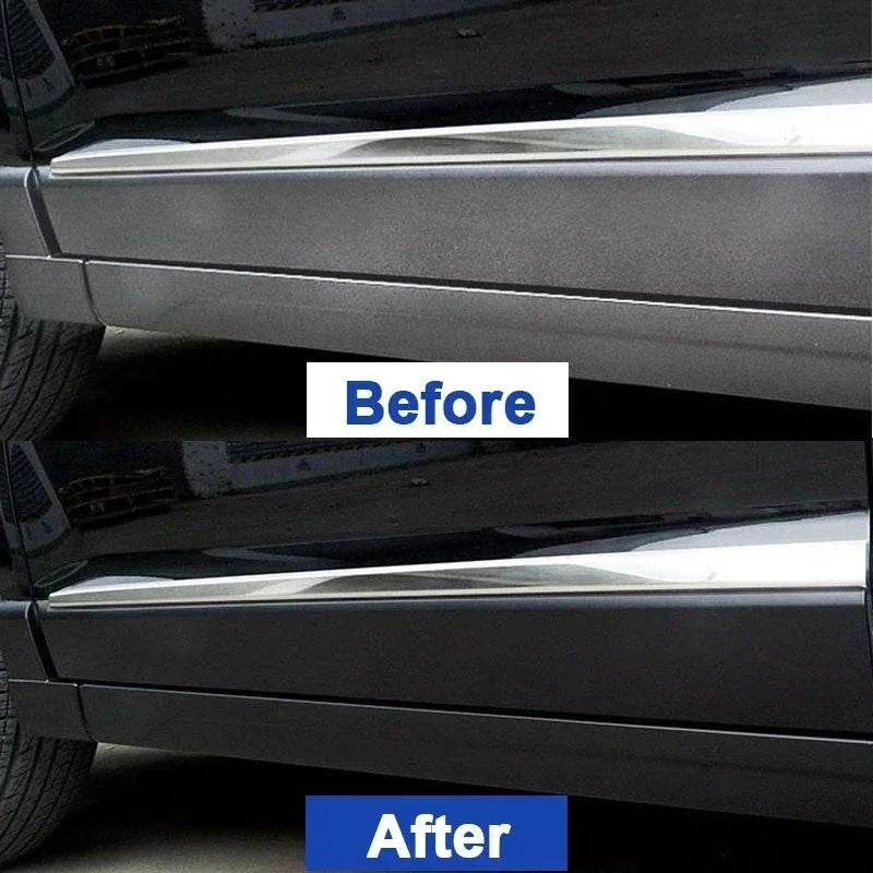 Car door panel before and after applying plastic restorizer, showing faded vs. glossy black finish.