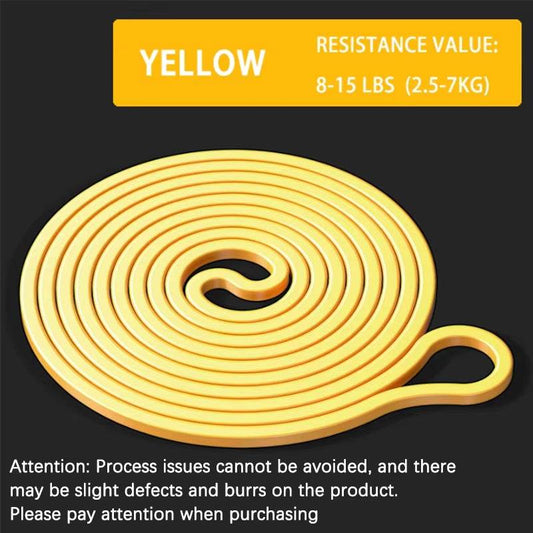 Yellow resistance band coiled flat with looped end, labeled 8-15 lbs resistance value.