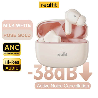 Milk white wireless earbuds with matching charging case, compact design, realfit branding.