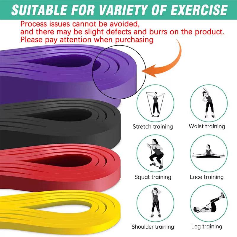Set of five colorful resistance bands in purple, black, red, pink, and yellow arranged in loops.