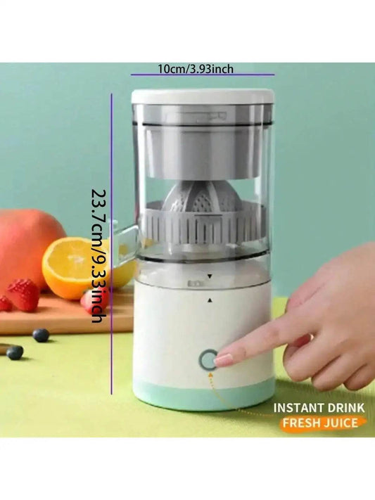 Compact USB rechargeable portable juicer with transparent container and white base with power button.