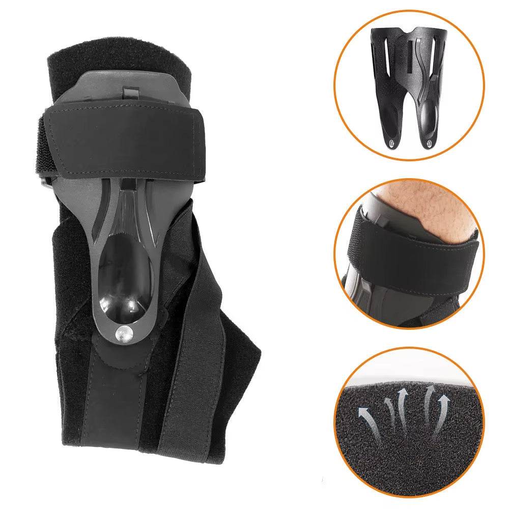 Black ankle foot orthosis with adjustable straps and rigid support splint for joint fixation.
