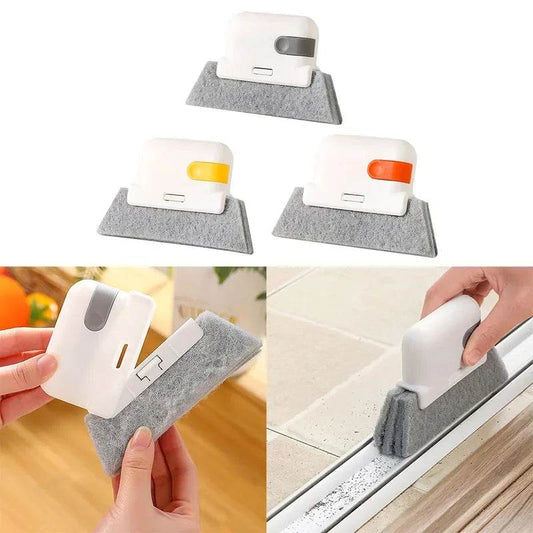 Set of three handheld groove cleaning brushes with white plastic handles and gray felt pads, shown in white with gray,.
