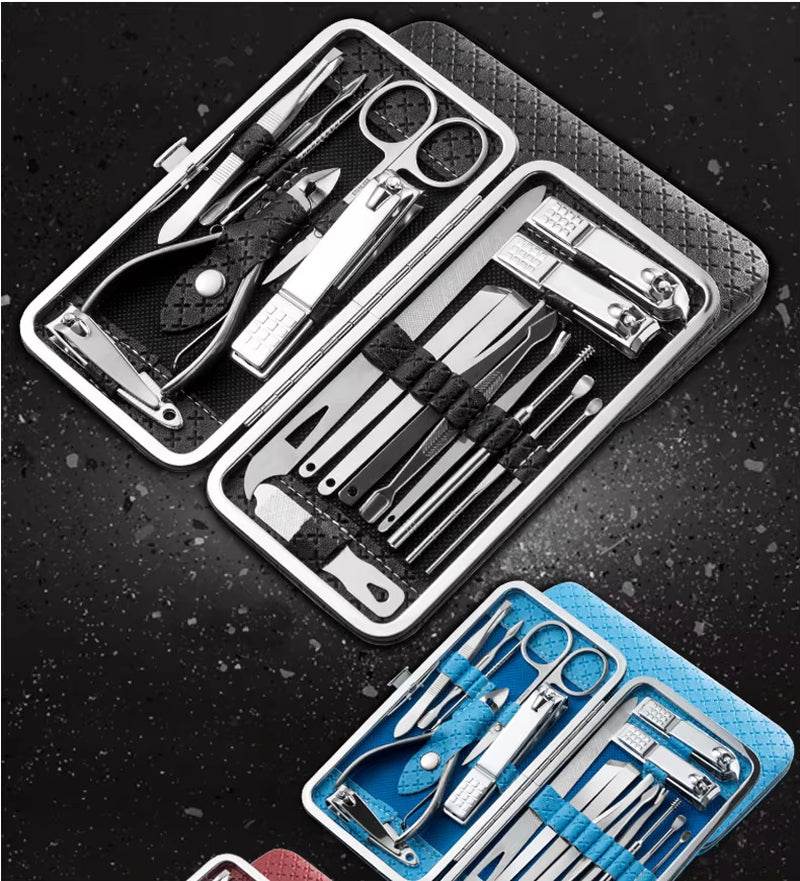 Black travel grooming kit with 19 stainless steel manicure and pedicure tools in a zippered case.