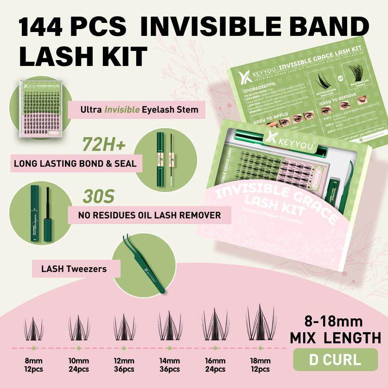 KEYYOU Fairy Lash Clusters Kit Invisible Band DIY Lashes Wet Look Waterproof Eyelash Extension Kit Wispy Manga Kawaii Doll Lashes - My Chroma Cart