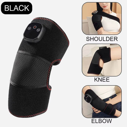 Black adjustable knee and leg massager with control panel, shown worn on shoulder, knee, and elbow.