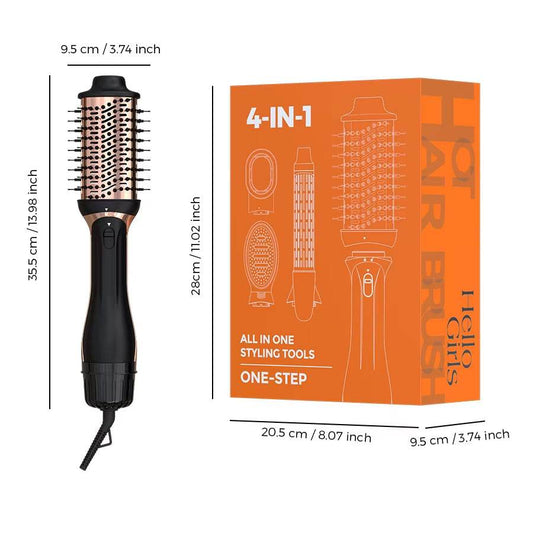 Black 4-in-1 hot air brush with round bristles and ergonomic handle next to orange packaging box.