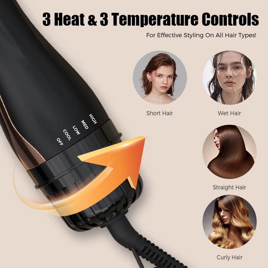 Black hot air brush with orange angled vents and 3 heat, 3 temperature control settings.