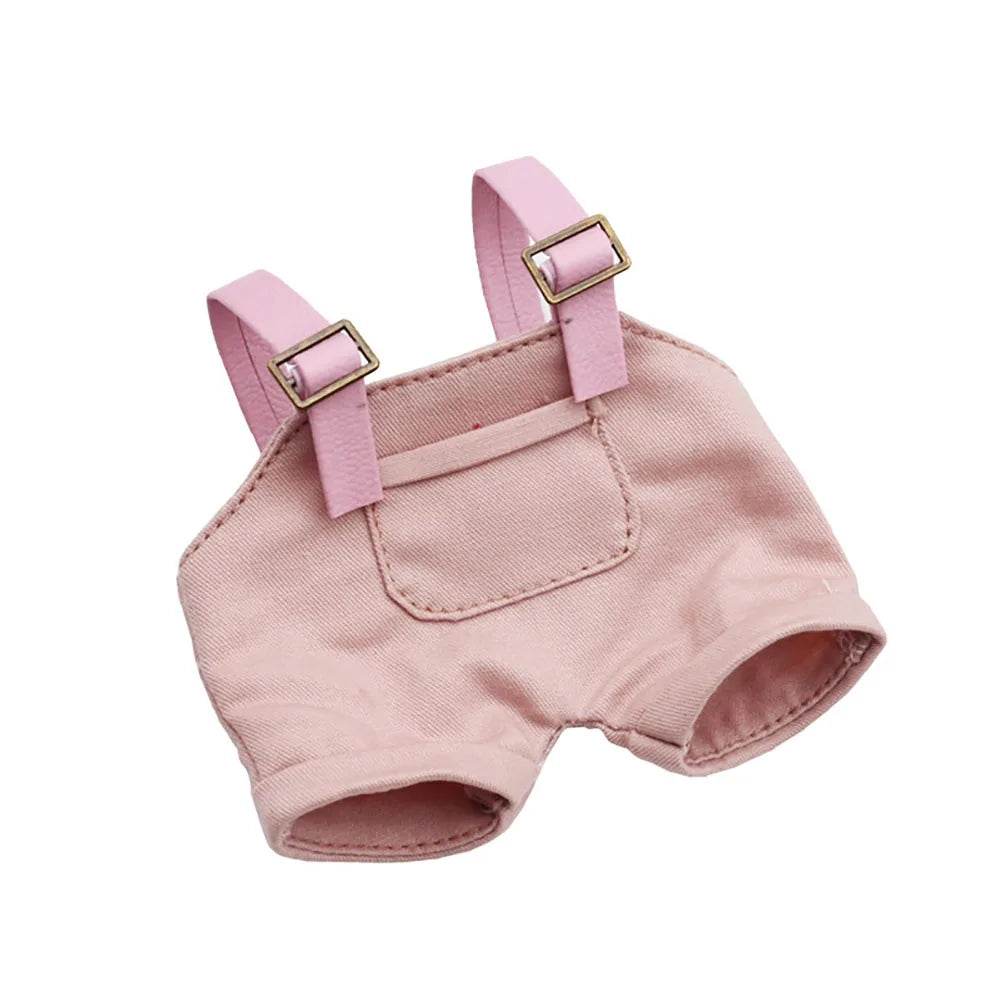 Pink striped mini doll overalls with adjustable straps and front pocket.