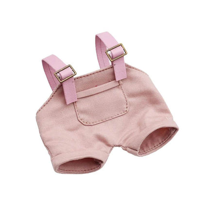 Pink striped mini doll overalls with adjustable straps and front pocket.