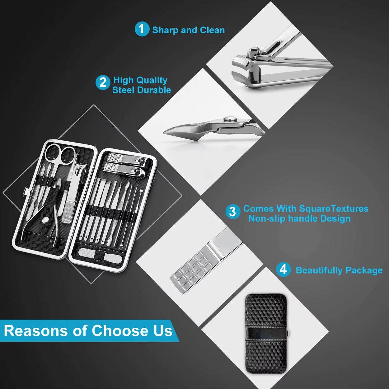 Black 19-piece stainless steel nail clipper set with scissors, tweezers, nail files, and textured non-slip case.