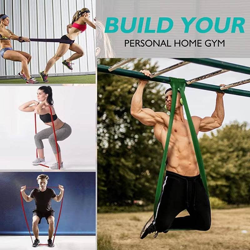 Yellow heavy resistance band stretched by a muscular man doing pull-up assistance outdoors.