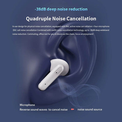 White wireless earbud with dual microphone for active noise cancellation shown inside ear illustration with sound wave.