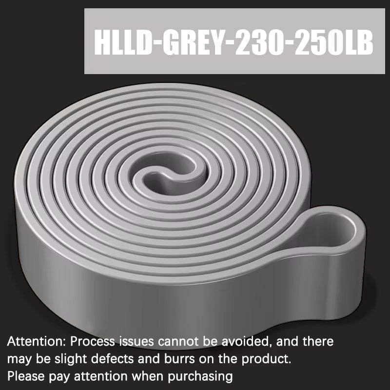 Grey heavy-duty resistance band rolled flat with 230-250 lb tension rating text on dark background.