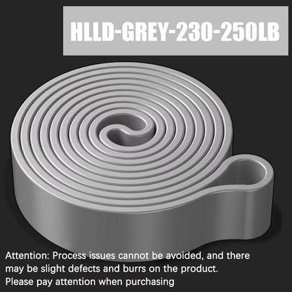 Grey heavy-duty resistance band rolled flat with 230-250 lb tension rating text on dark background.