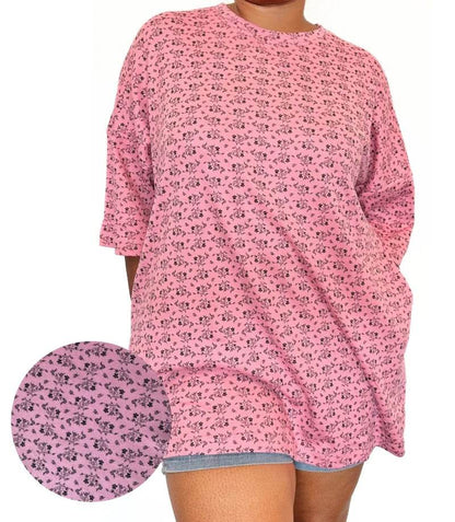 Pink relaxed fit T-shirt with all-over small black crab print and short sleeves.