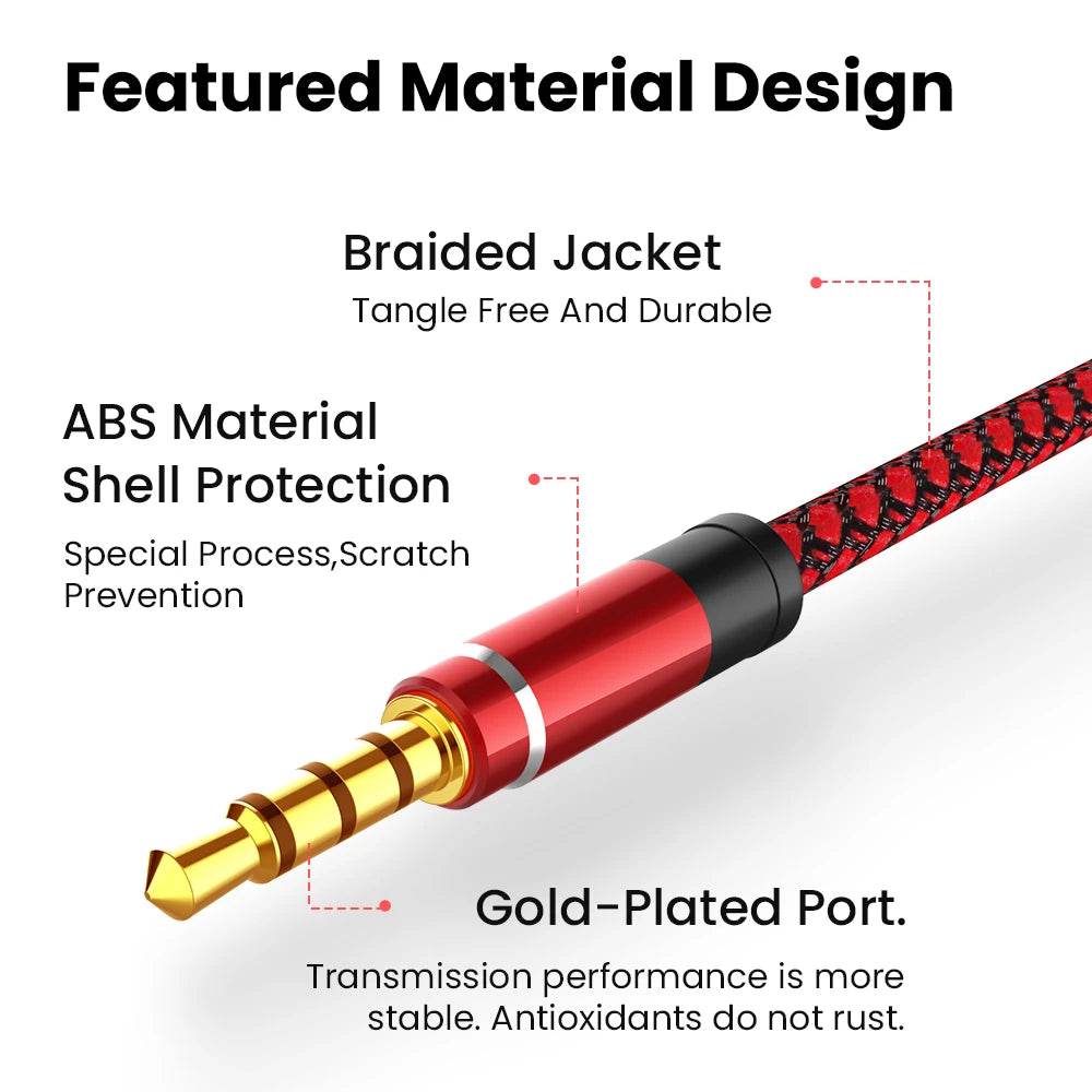 Red nylon braided 1.5m 3.5mm audio cable with gold-plated jack and red ABS shell.