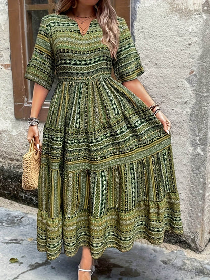 Plus Size All Over Print Tiered Dress, Vacation Notch Neck Short Sleeve Dress, Women's Plus Size Clothing - My Chroma Cart