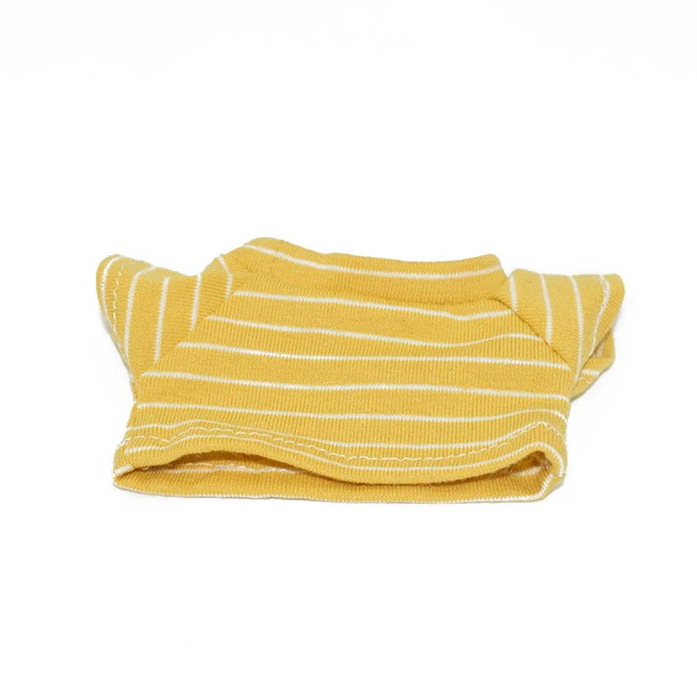 Yellow striped mini doll shirt with short sleeves and white horizontal lines.