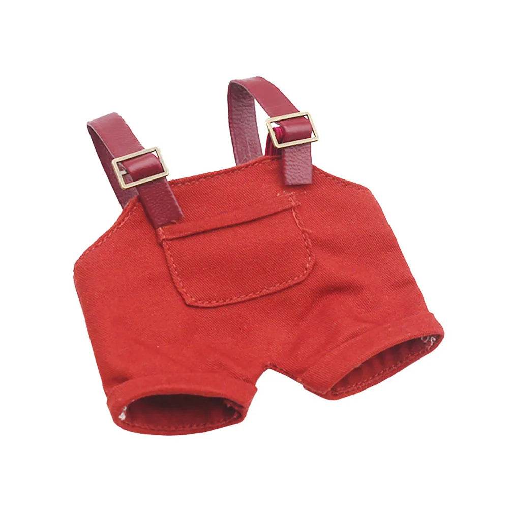Red striped mini overalls with front pocket and adjustable shoulder straps for dolls.