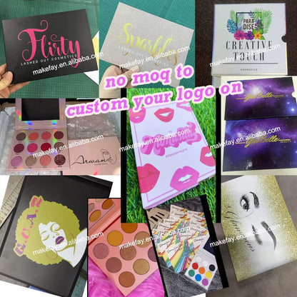 Nine colorful eyeshadow palettes with various matte and shimmer shades in unique patterned and branded packaging designs.