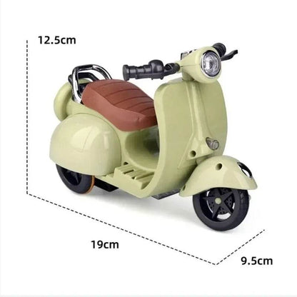 Beige miniature electric scooter doll toy with brown seat and black handlebars, 19x12.5x9.5 cm.