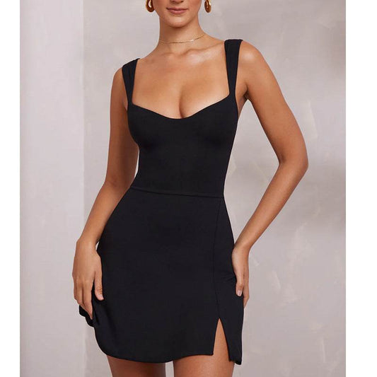 Black sleeveless mini dress with square neckline and front hip slit.