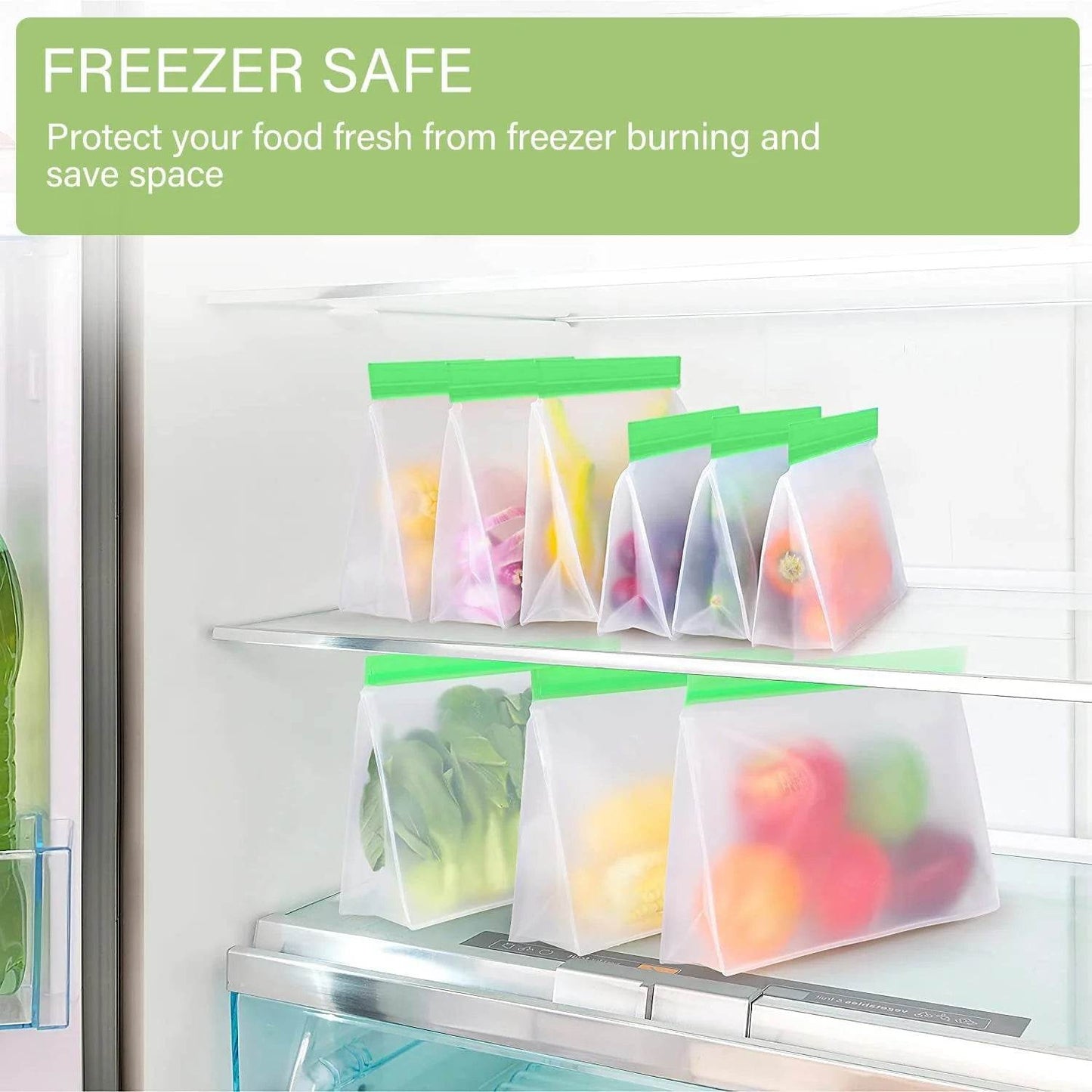 Set of six translucent purple reusable freezer bags with green ziplock seals, filled with various colorful foods, arranged.