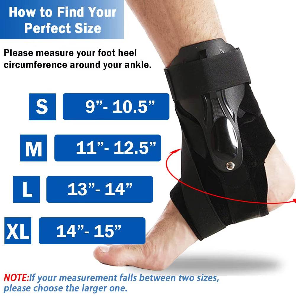 Black ankle foot orthosis with adjustable straps and rigid support for ankle fixation.