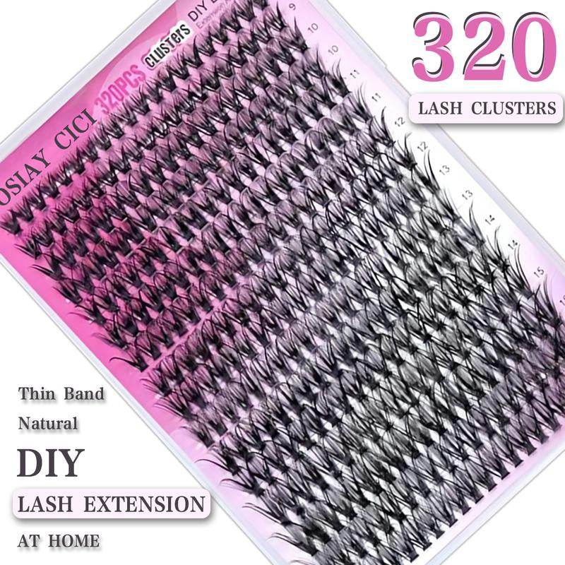 320-piece set of black D curl eyelash clusters in varying lengths from 9mm to 16mm on a pink tray.