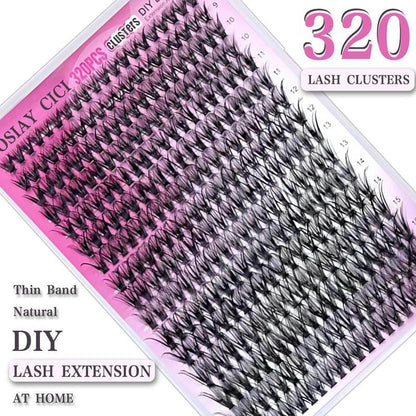320-piece set of black D curl eyelash clusters in varying lengths from 9mm to 16mm on a pink tray.
