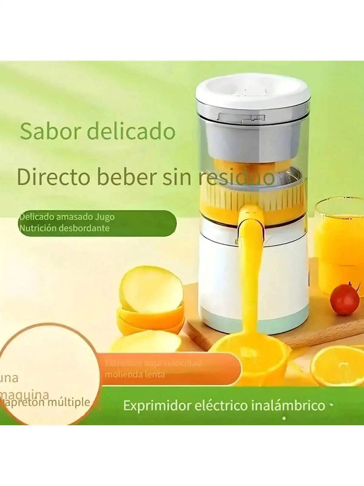 Portable white and yellow electric juicer with clear juice container and citrus halves nearby.