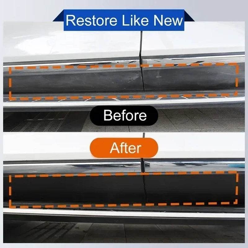 Comparison of car door trim before and after applying plastic renovator showing faded versus glossy black finish.