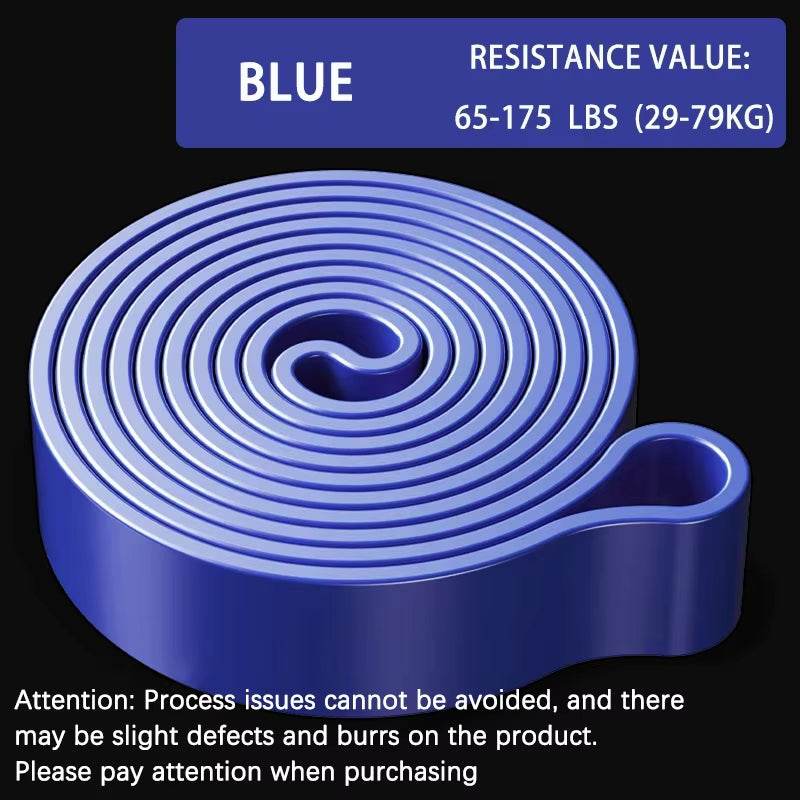 Coiled blue resistance band with 65-175 lbs strength for heavy workouts and physical therapy.