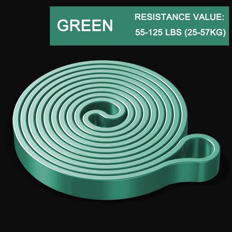 Green flat resistance band coiled with looped end, labeled 55-125 lbs resistance value.