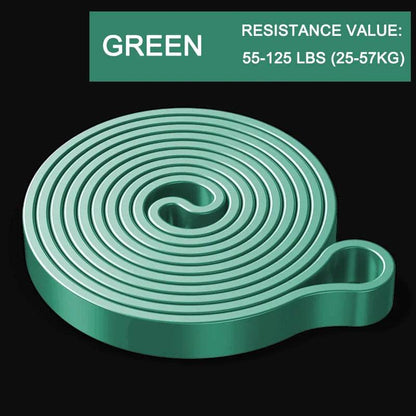 Green flat resistance band coiled with looped end, labeled 55-125 lbs resistance value.