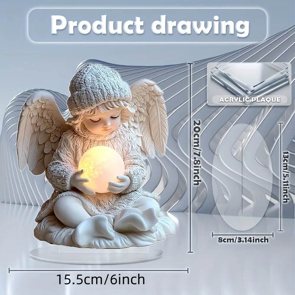 White 2D flat angel figurine with wings, knitted hat, holding glowing orb on round pedestal.