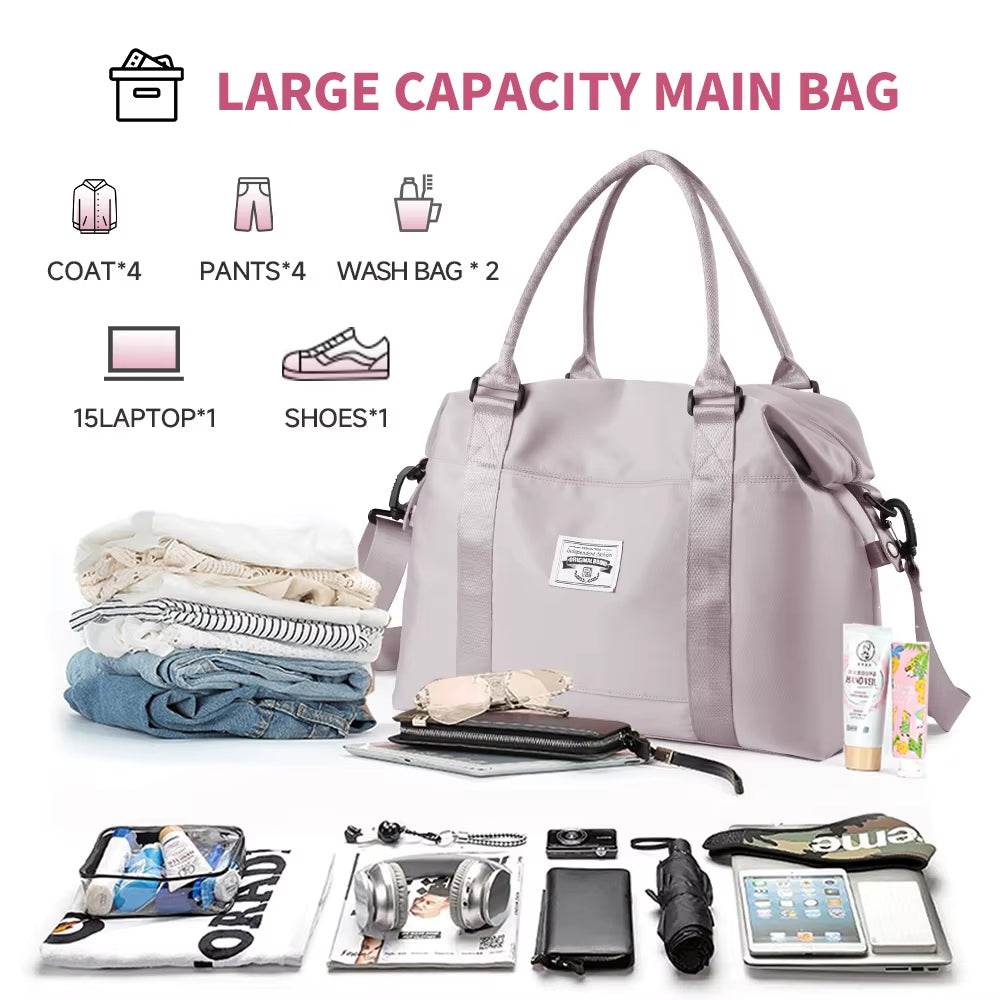Light purple waterproof duffel bag with multiple pockets and sturdy handles, unzipped showing spacious interior and packed.