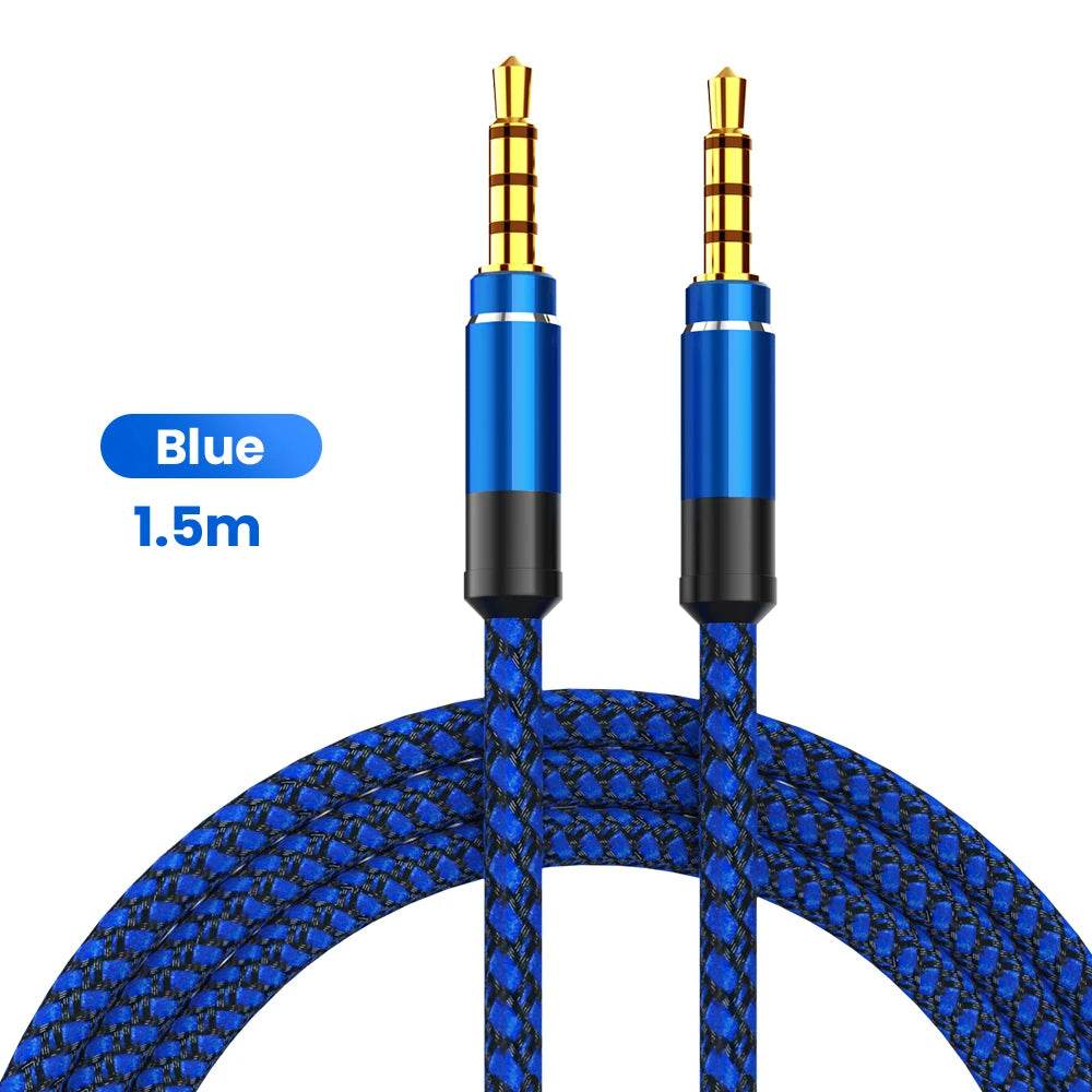 Blue 1.5m braided nylon 3.5mm audio cable with gold-plated connectors and black grip ends.