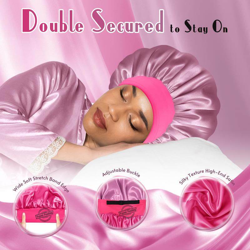 Reversible satin bonnet with hot pink and dark rose gold layers, adjustable strap, stretchy band, and smooth silky interior.