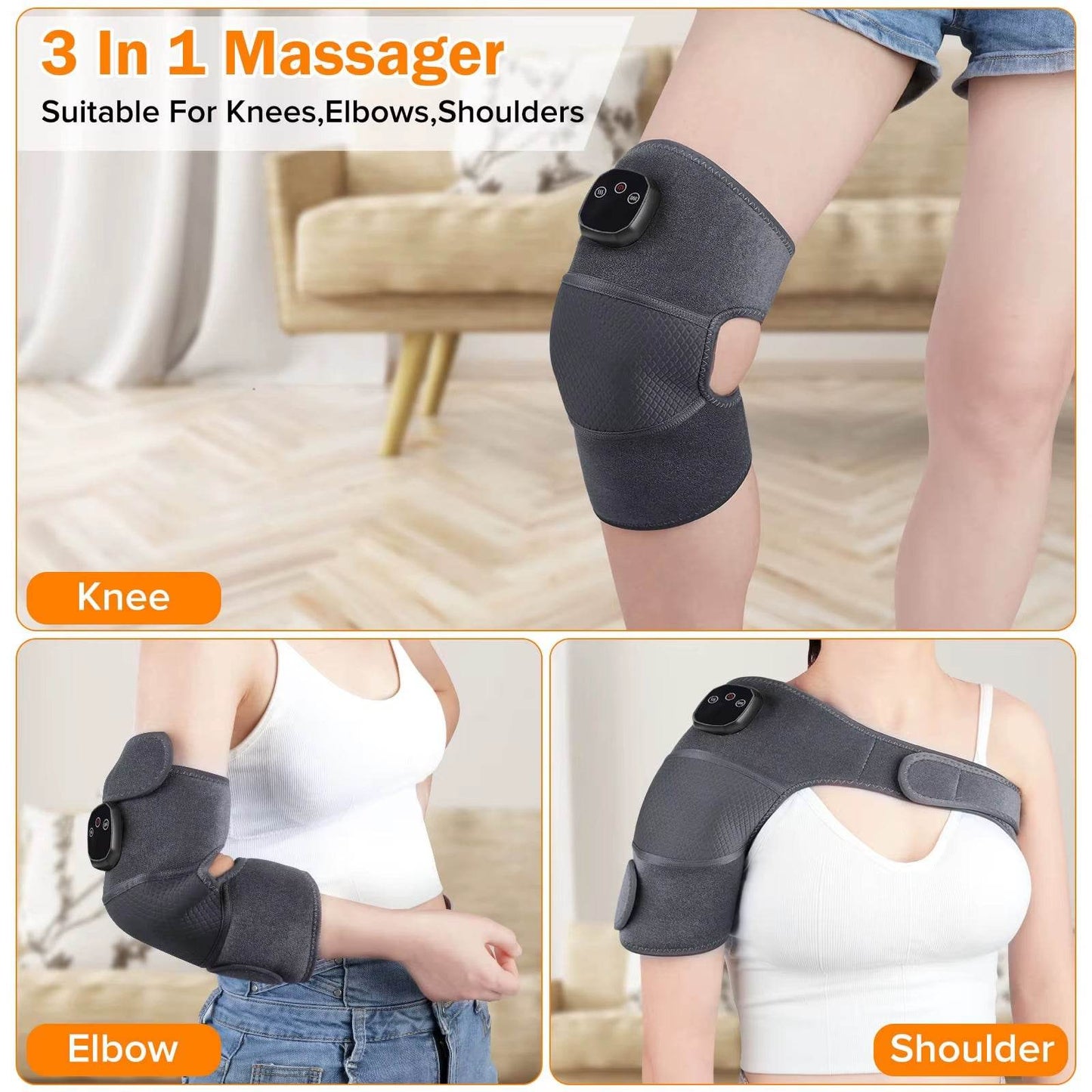 Grey adjustable 3-in-1 knee, elbow, and shoulder massager with control dial and open joint design.