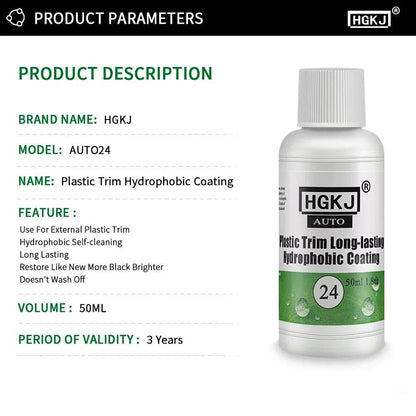 50ml HGKJ Auto Plastic Trim Hydrophobic Coating bottle with green label and white cap.