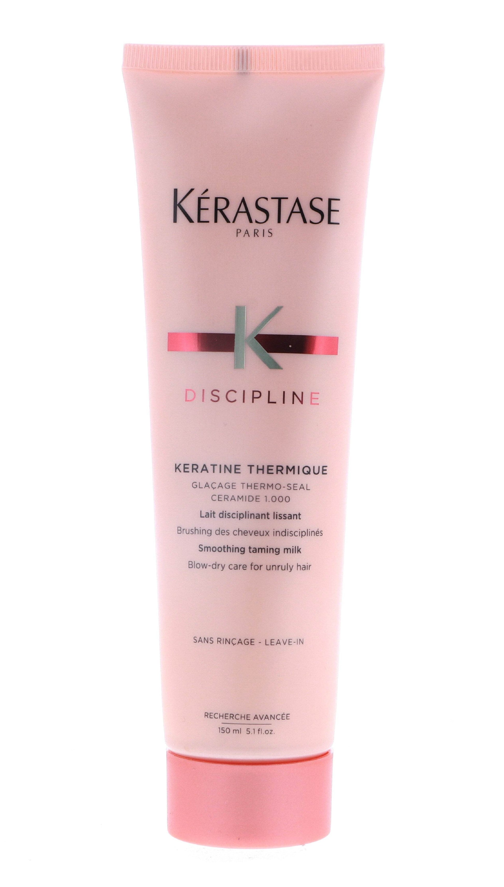 Pink tube of Kerastase Discipline Keratine Thermique smoothing taming milk with black and silver text, 5.1 oz.